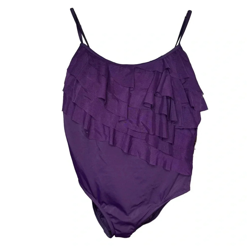 NWT Longitude Shaping Ruffled Slimming One Piece Swimsuit in Eggplant. Sz: 14